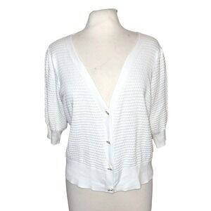 Draper James RSVP White Textured Gold Button Crop V Neck 1/2 Sleeve Cardigan XL